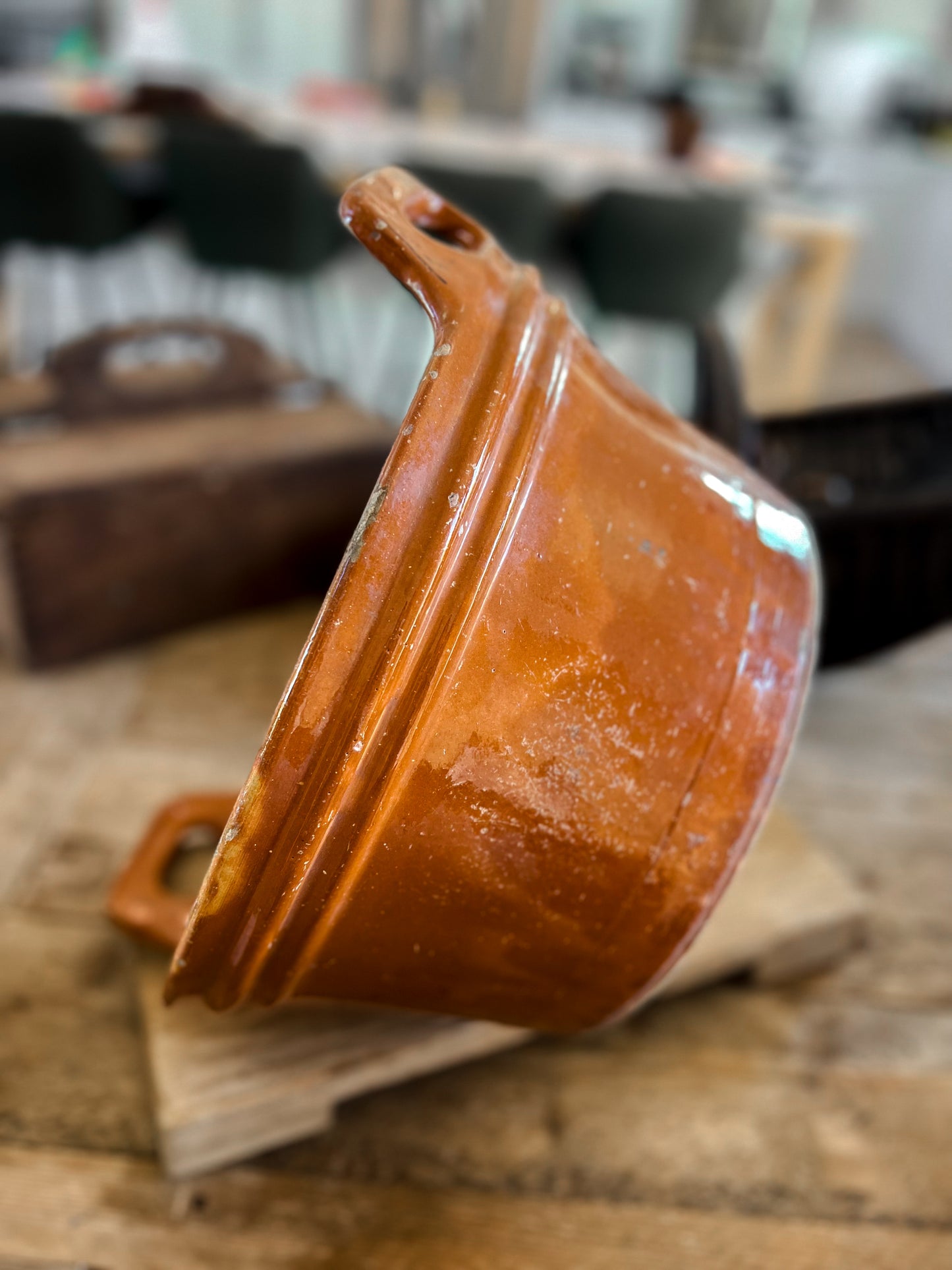 Large Brown Glazed French Bakery Bowl with Handles