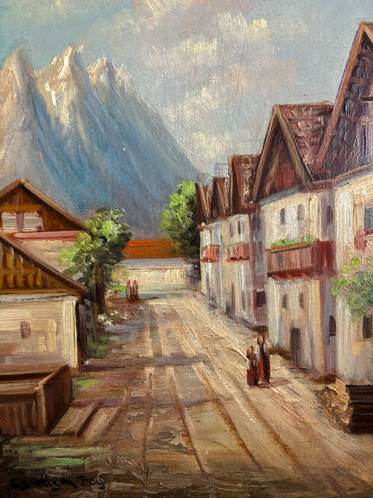 Vintage Framed French Village Landscape