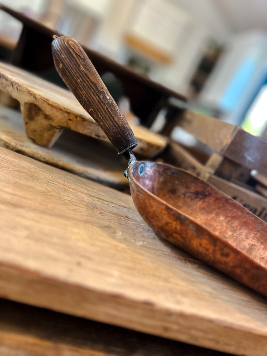 Large Antique Copper & Wood Grain Scoop