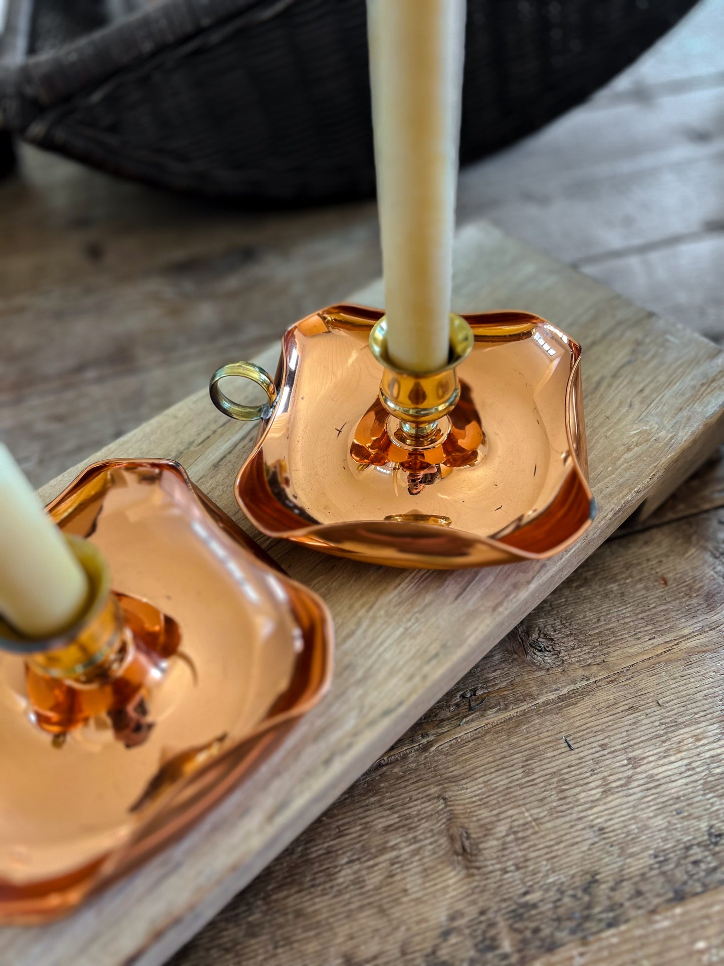 Pair of English Vintage Copper & Brass Chambersticks