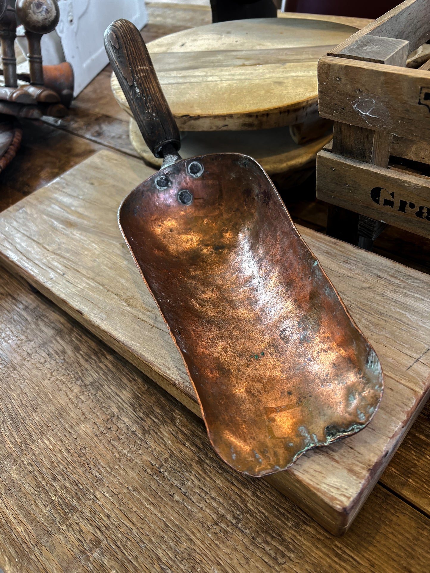 Large Antique Copper & Wood Grain Scoop