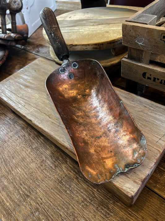 Large Antique Copper & Wood Grain Scoop