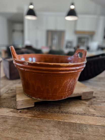 Large Brown Glazed French Bakery Bowl with Handles