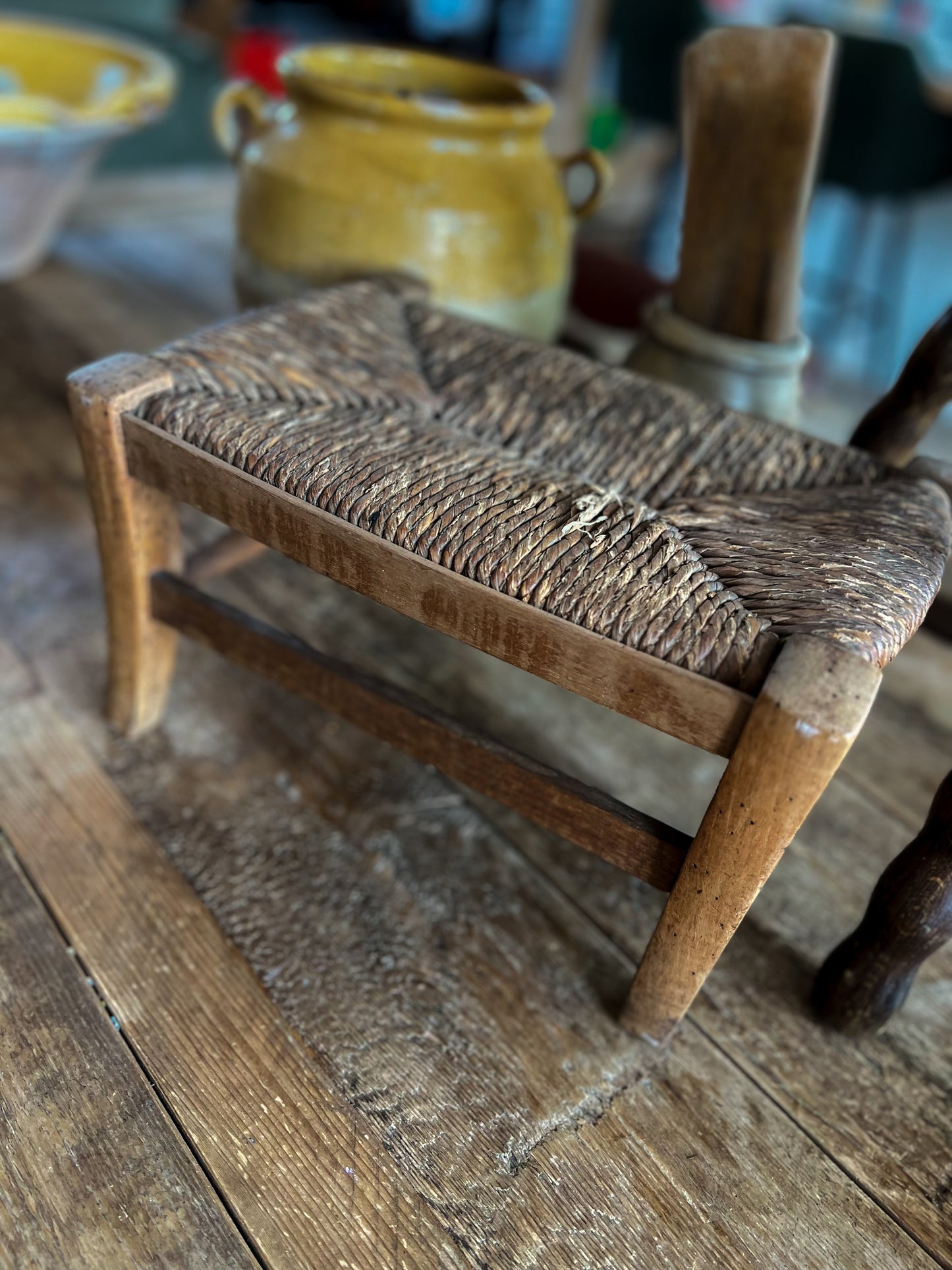 Vintage Mid Century Rattan and Wood Stool